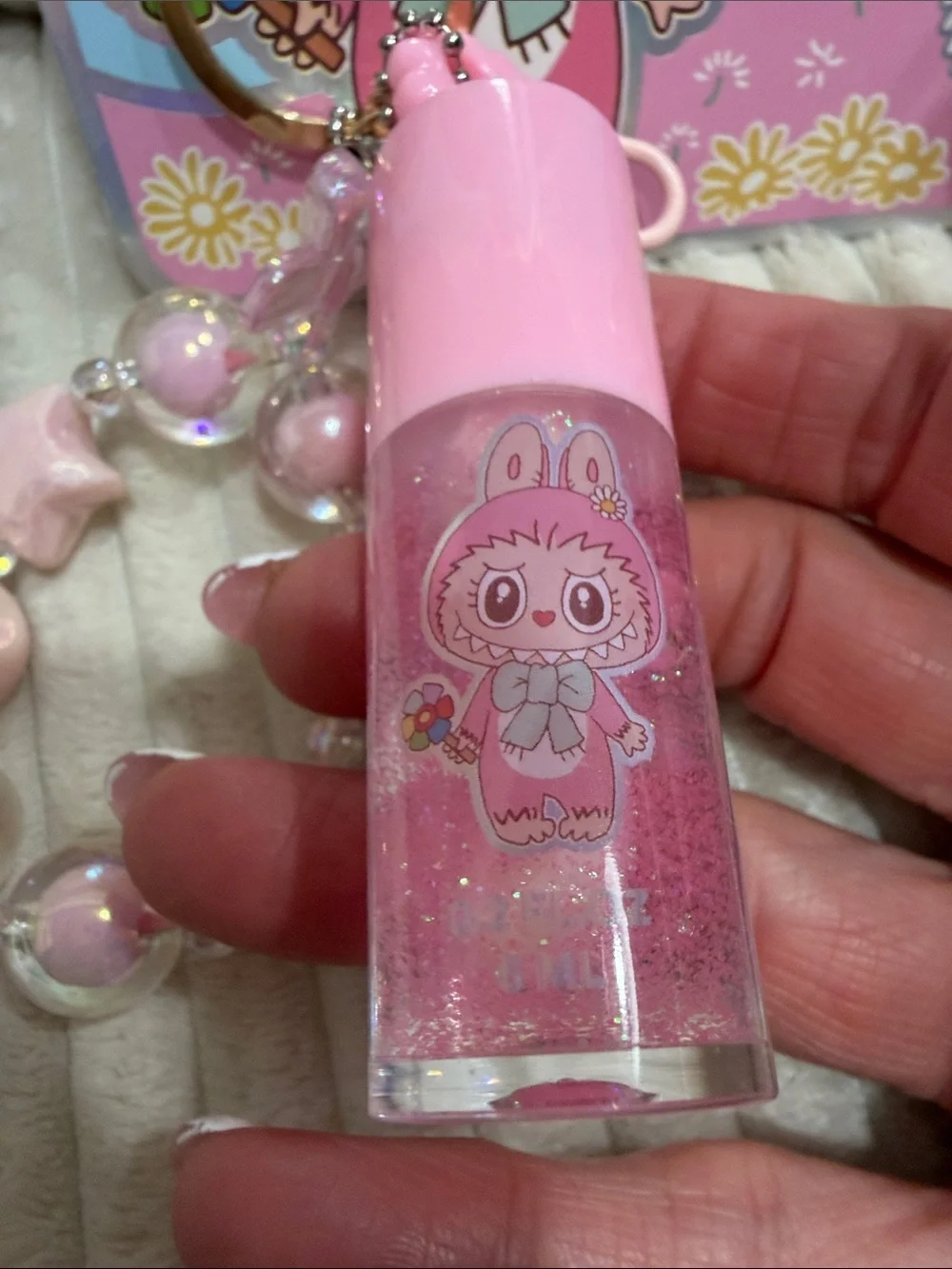 Cute Pink Plush Bunny Keychain & Blingy Lip Gloss Keychain Set. New.